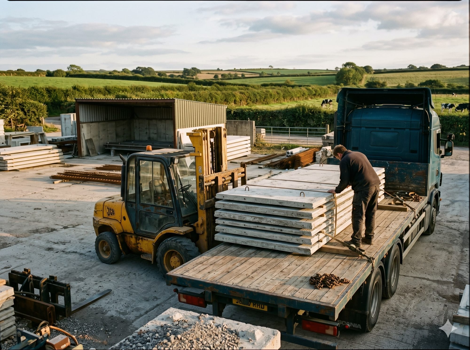 HIAB lorry being loaded with precast panels at the Chilsworthy yard