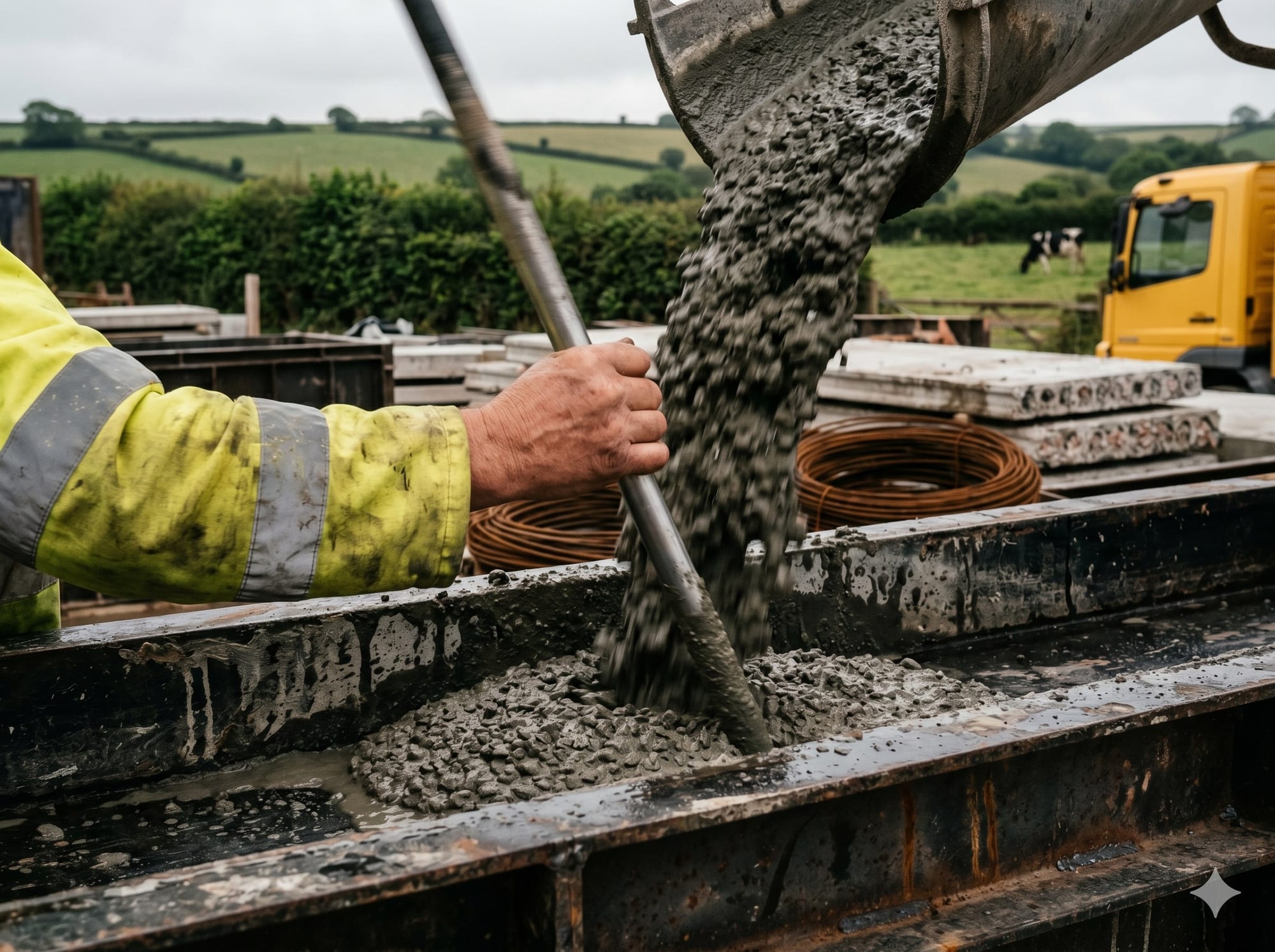Concrete being poured into a precast mould on the casting line at Chilsworthy