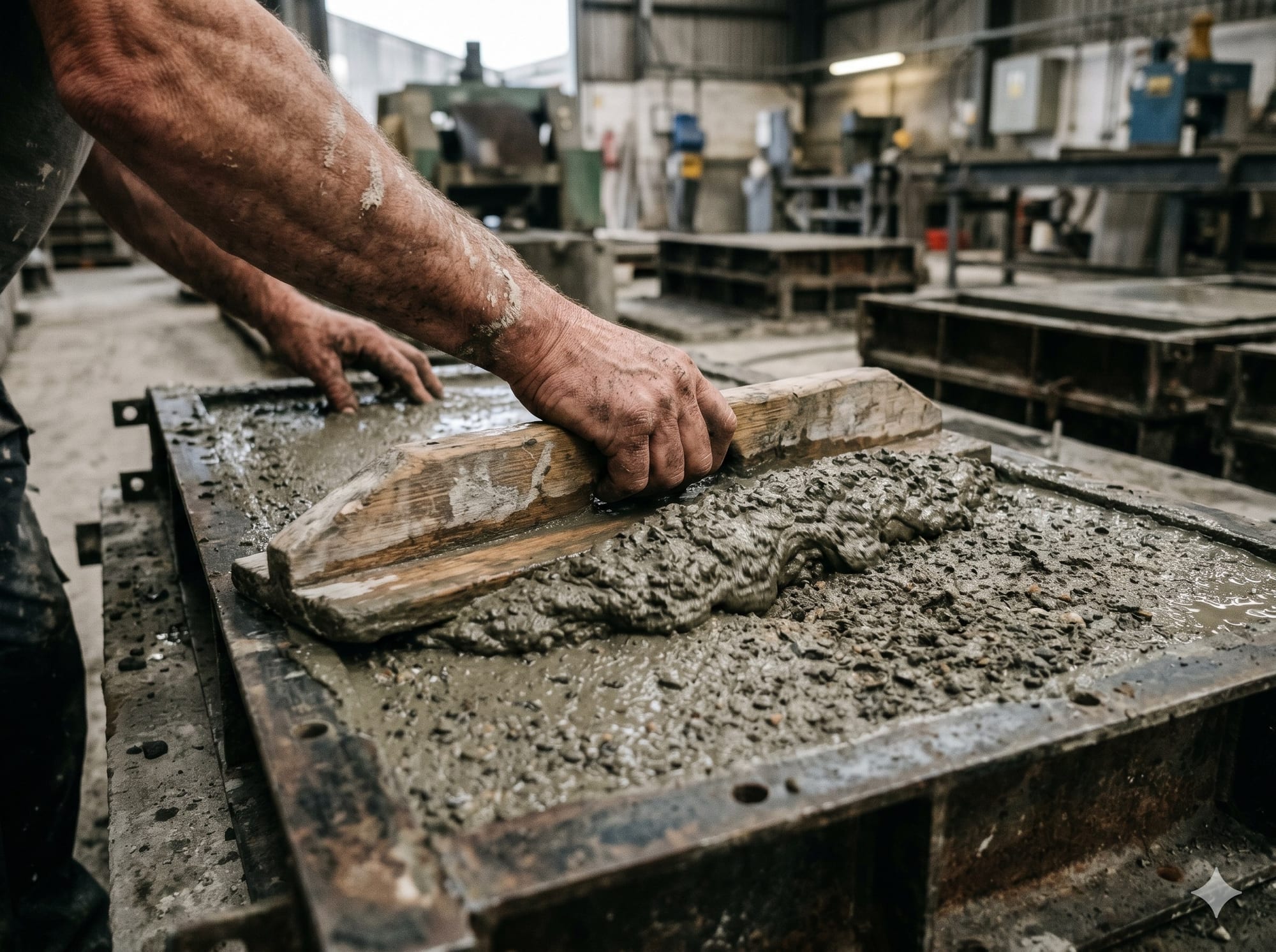 Production operative screeding a precast mould at the WCCP Chilsworthy yard