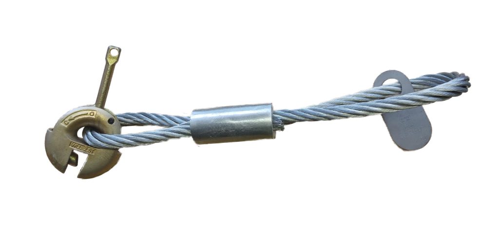 Wire-rope lifting clutch and 2.5T sling used to handle prestressed precast concrete wall panels by West Country Concrete Products, Devon