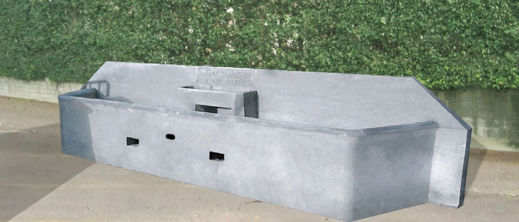 Long precast concrete cubicle bed with integrated end-of-row water trough cast by WCCP Devon