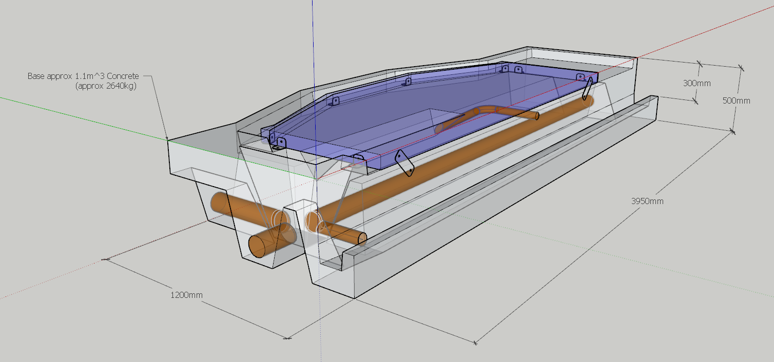 Perspective drawing of the WCCP precast concrete DeLaval VMS robot base with main dimensions and integrated V-channel and sump, Devon