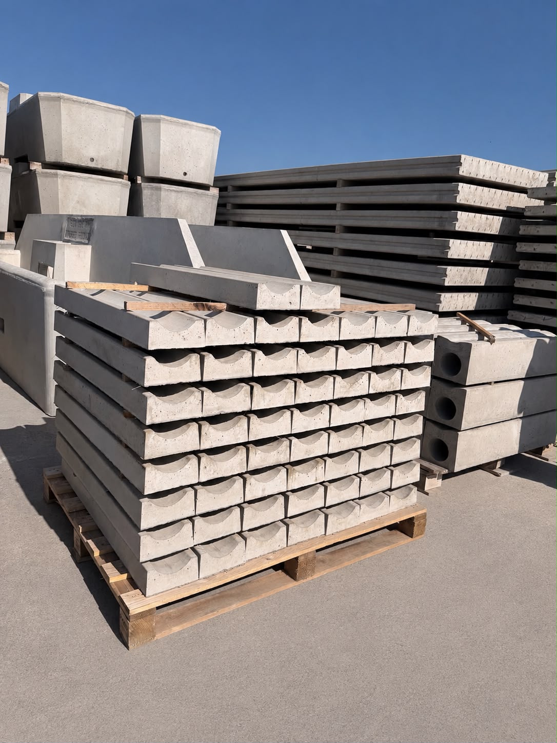 WCCP precast dished drain channels stacked at the Holsworthy yard