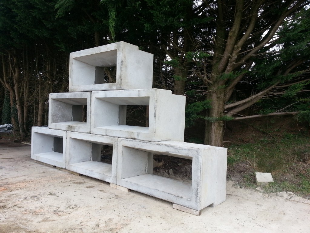 Stacked precast concrete box culvert sections in the WCCP yard at Holsworthy, Devon