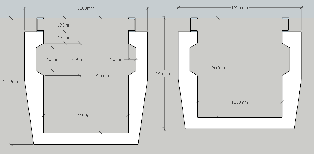 Dimensioned profile drawing of WCCP precast concrete workshop pit deep and shallow variants, Devon